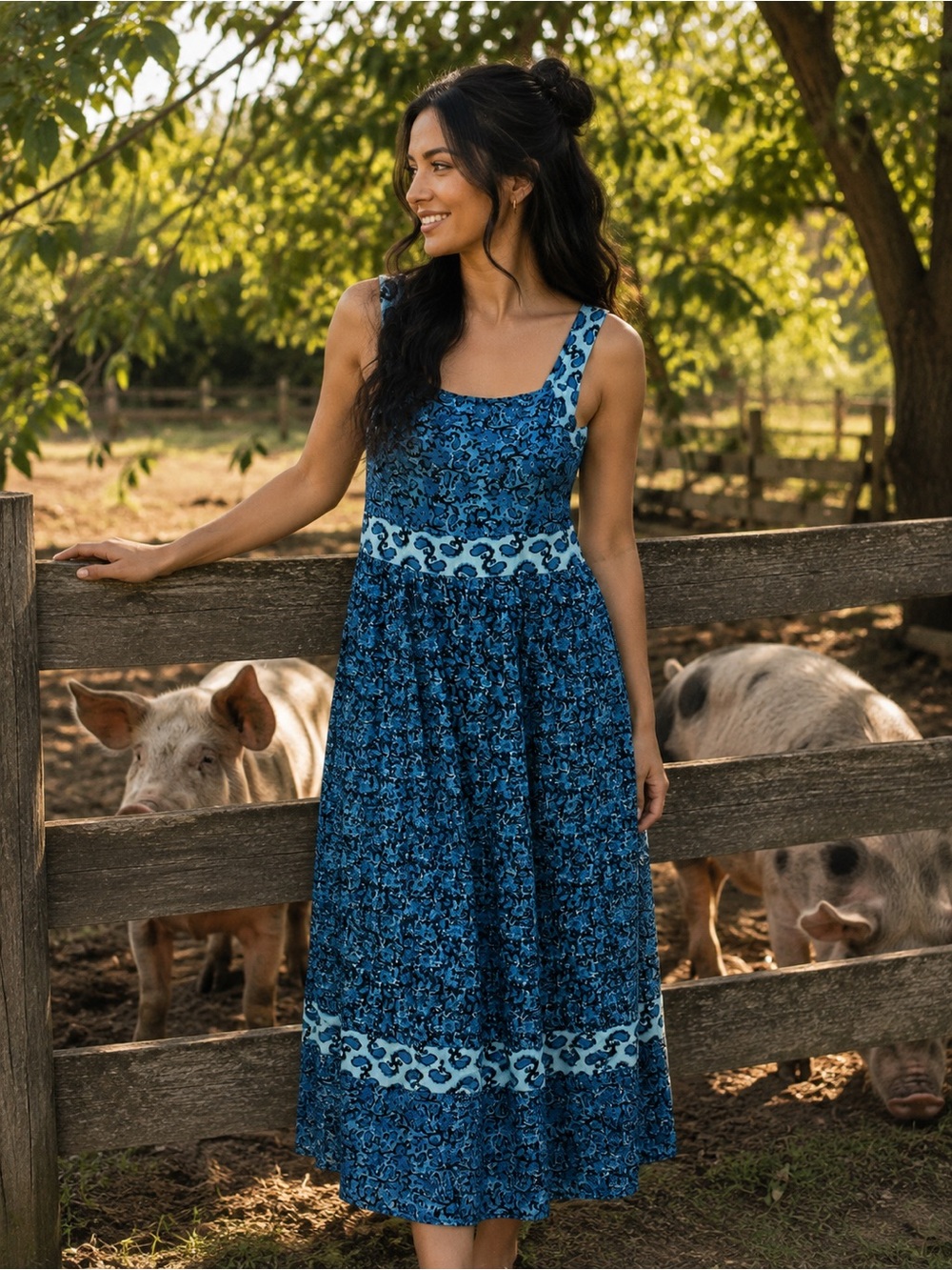 Casa Cabana Sleeveless Blue Floral Maxi Dress with Scalloped Waistband